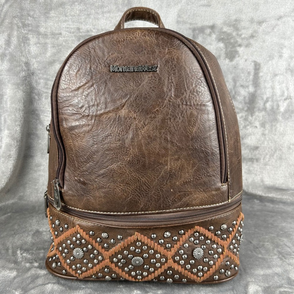Montana West Brown Vegan Leather Studded Whipstitch Western Backpack Bag